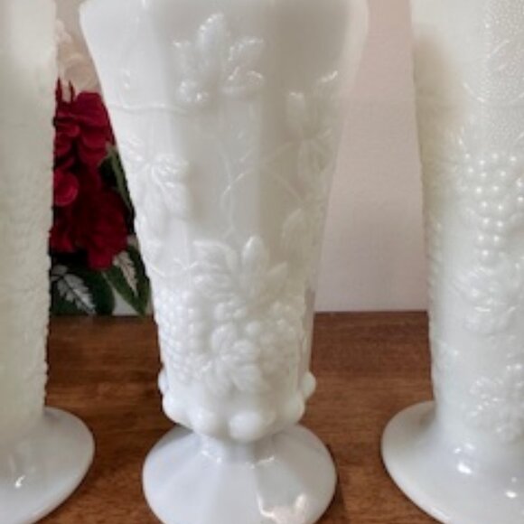 Vintage Milk Glass Vases Set – Grapevine Pattern Pedestal Vases White Floral Emb - Picture 6 of 6